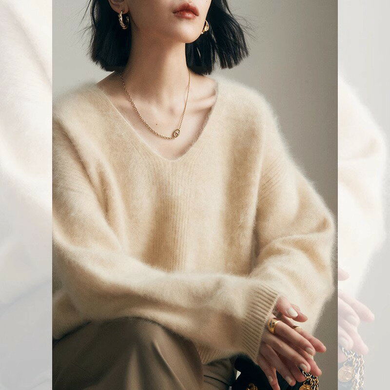 女裝 女上衣 女裝 衣服 毛衣 寬鬆上衣  高階感軟糯仿水貂絨v領毛衣女秋冬季時尚慵懶風奶fufu針織衫上衣 治裝激推 6