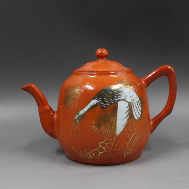 清徐元昌款鞏紅描金松鶴紋茶壺家居瓷器茶具擺件仿古瓷器古董古玩1入