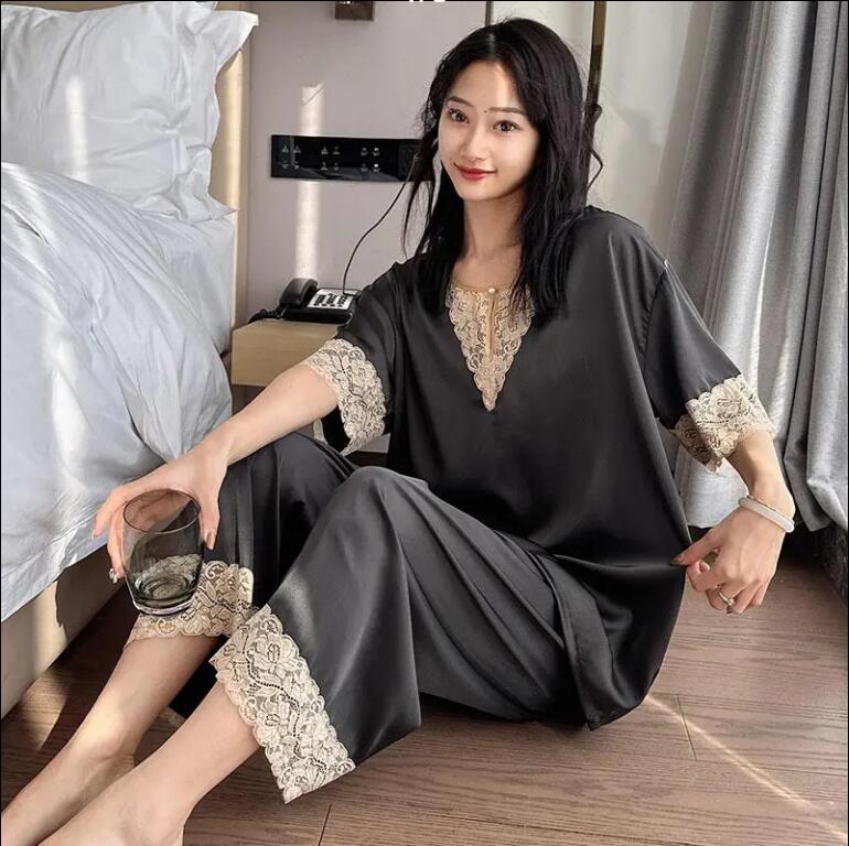 冰絲睡衣女大碼夏季薄款短袖七分褲兩件套家居服可外穿【繁星小鎮】P