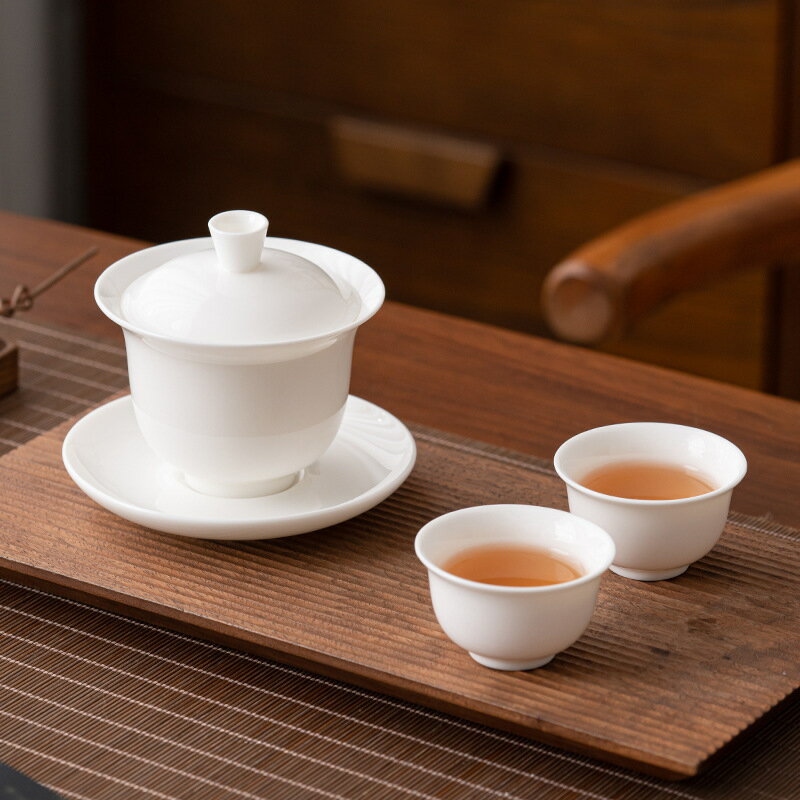 公司貨 免運速發 可開票 羊脂玉白瓷蓋碗茶杯單個陶瓷家用茶具大號泡茶器功夫三才套裝茶碗