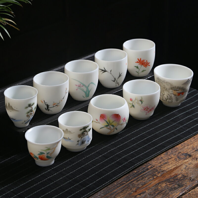 德化白瓷品茗杯手繪茶杯陶瓷主人杯子青花瓷茶盞家用功夫茶具茶杯