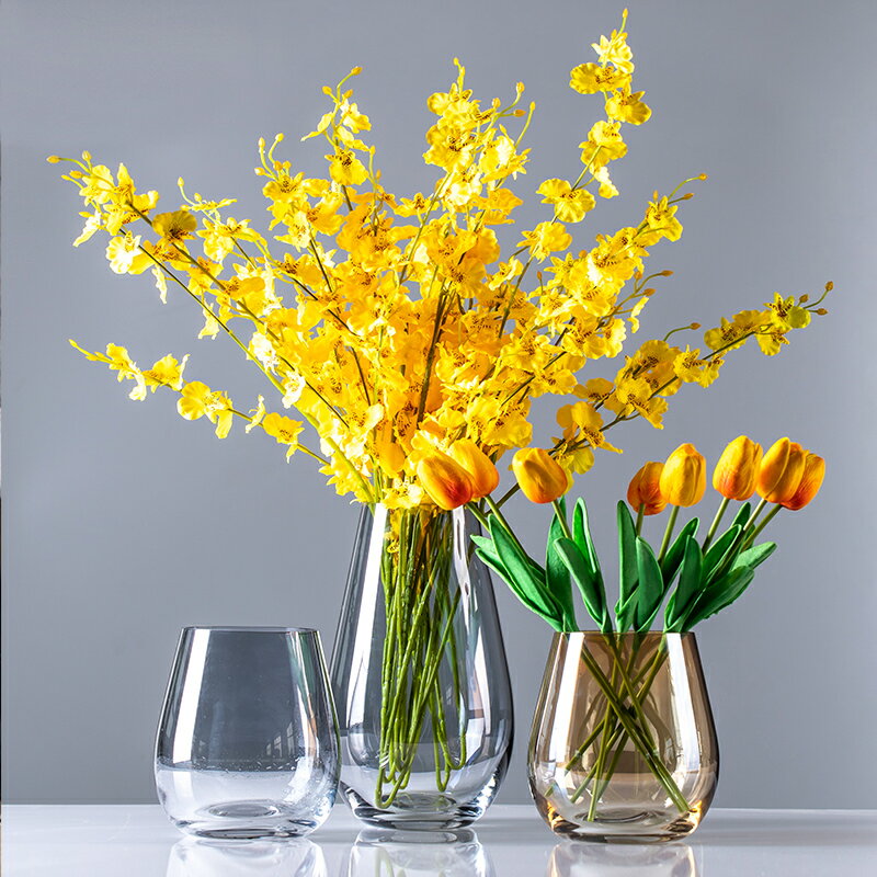 北歐式簡約創意玻璃花器輕奢透明干花水養富貴竹銀柳客廳擺件花瓶