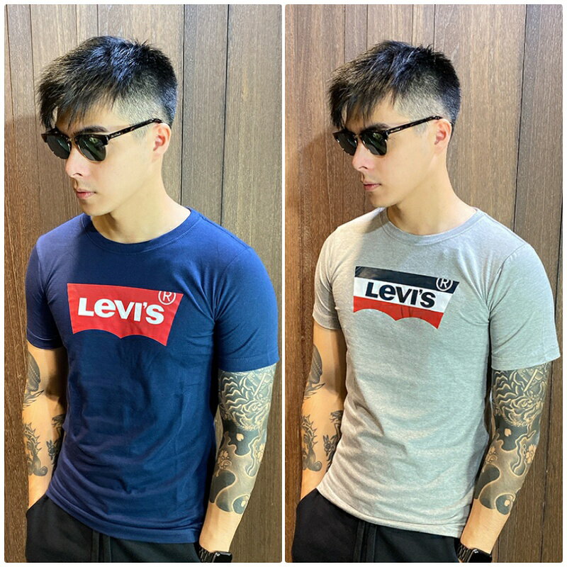 美國百分百【全新真品】Levis 短袖 T恤 logo 男 T-shirt 上衣 經典 短T 深藍/灰色 AE57
