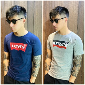 美國百分百【全新真品】Levis 短袖 T恤 logo 男 T-shirt 上衣 經典 短T 深藍/灰色 AE57