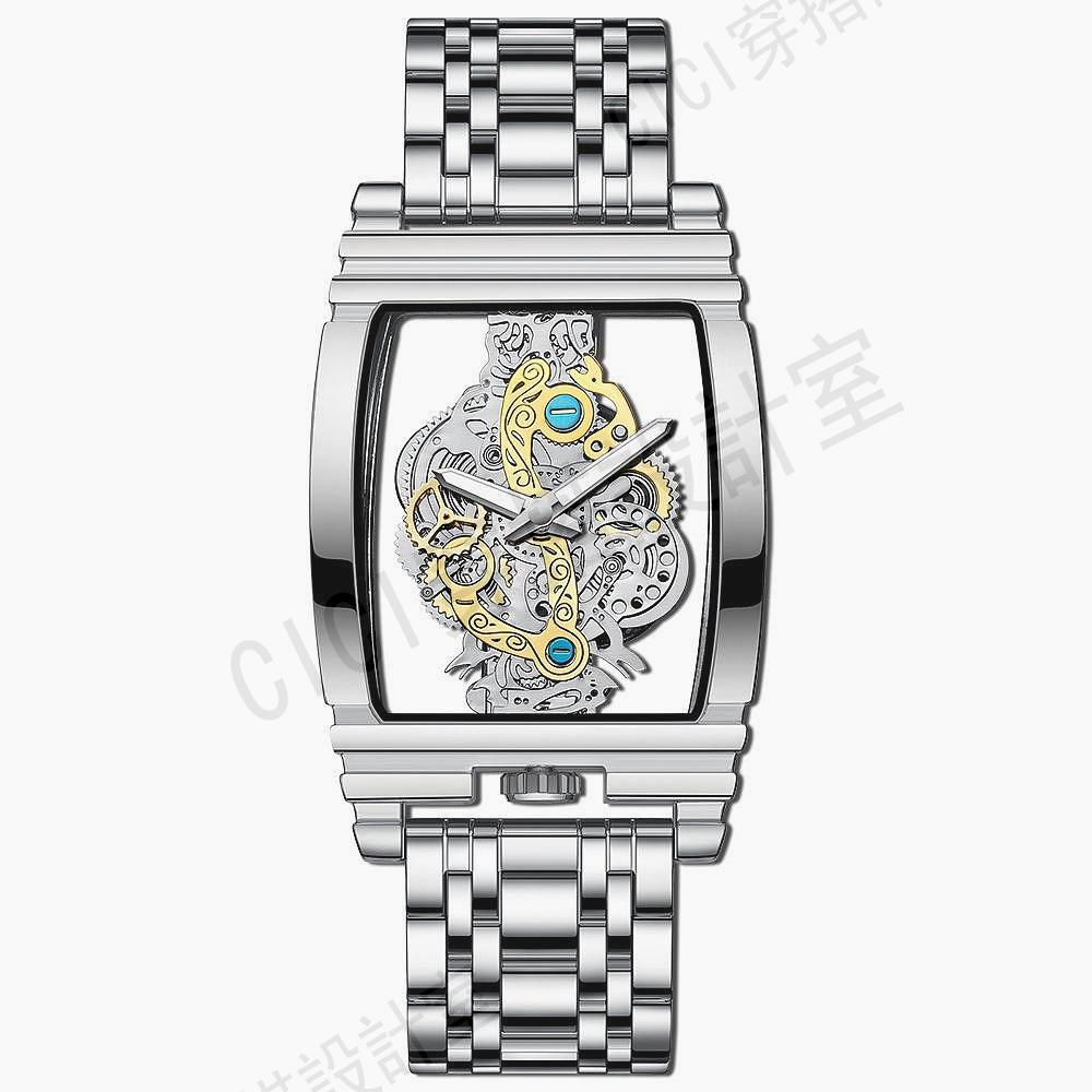 時尚酒桶表 夜光防水手錶 機車齒輪條形鏤空石英錶 陀飛輪真皮手錶男生 潮流酒桶型男錶【亞德機械五金家居】 4