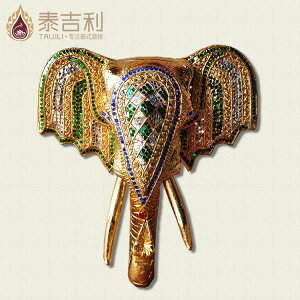 泰國壁飾 東南亞吉祥大象 實木雕刻 家裝掛件12寸亮片象頭掛件1入