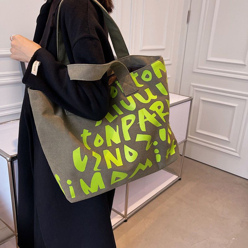 購物袋 新款帆布托特包大容量字母單肩包女學生上課通勤手拎包百搭手提包