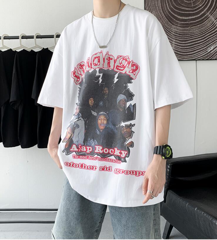 FINDSENSE X 韓潮 男士 美式嘻哈人物印花 寬鬆五分袖大尺碼 短袖T恤