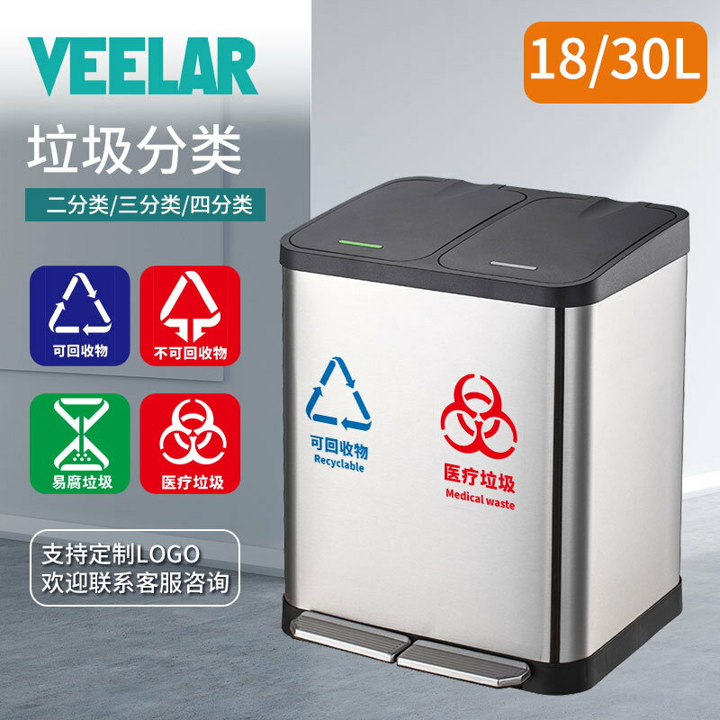 家用商用廚房酒店客房室內腳踏帶翻蓋緩降耐用兩分類不銹鋼垃圾桶 雙11全館免運