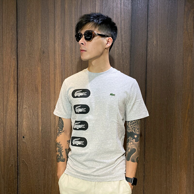 美國百分百【全新真品】Lacoste 短袖 棉質 T恤 鱷魚 T-shirt logo 上衣 圖案 灰色 CA91