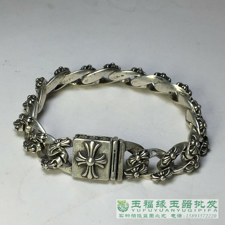 古玩老銀復古鏤空骷髏頭花紋藏銀手串男款霸氣時尚轉運招財銀手鏈 3