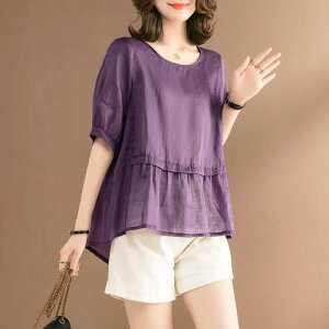 紫色半袖棉麻t恤女亞麻薄款短款上衣年夏季新款韓版大碼寬松