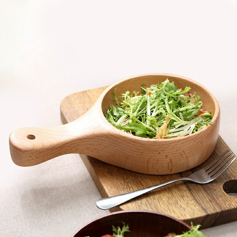 帶手柄櫸木沙拉碗 天然原木 耐摔防碎 木質飯碗 湯碗 點心碗 麵碗 防摔碗 露營碗 環保碗【BF0412】《約翰家庭百貨