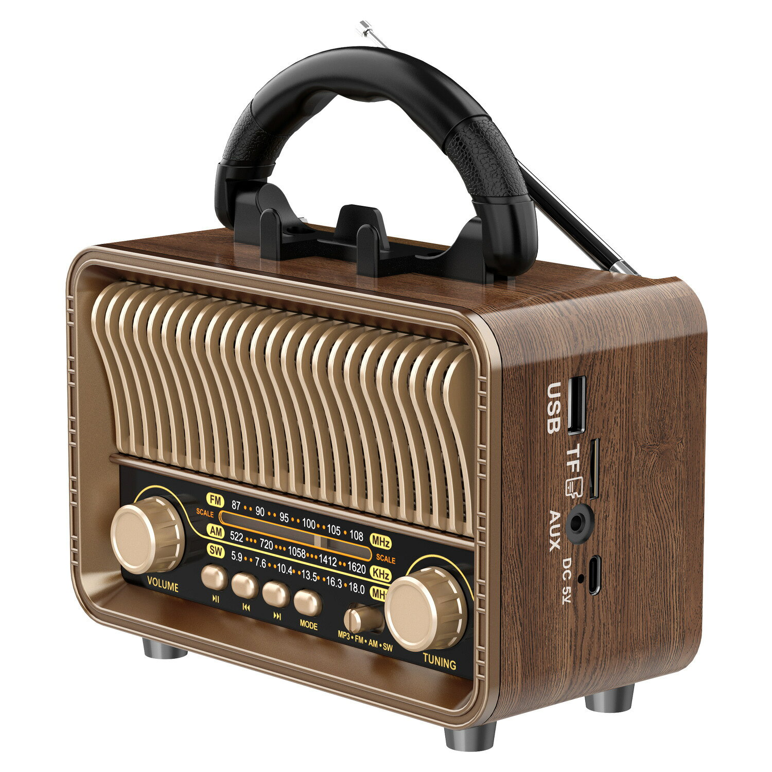 【便攜復古】AM/FM/SW 收音機 USB充電 電池供電 帶天線 高音質聲音 家用旅行