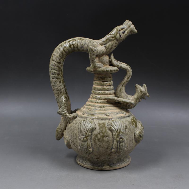宋越窯雕刻龍鳳倒流壺 仿古茶道道具用品擺件瓷器 古董古玩收藏1入