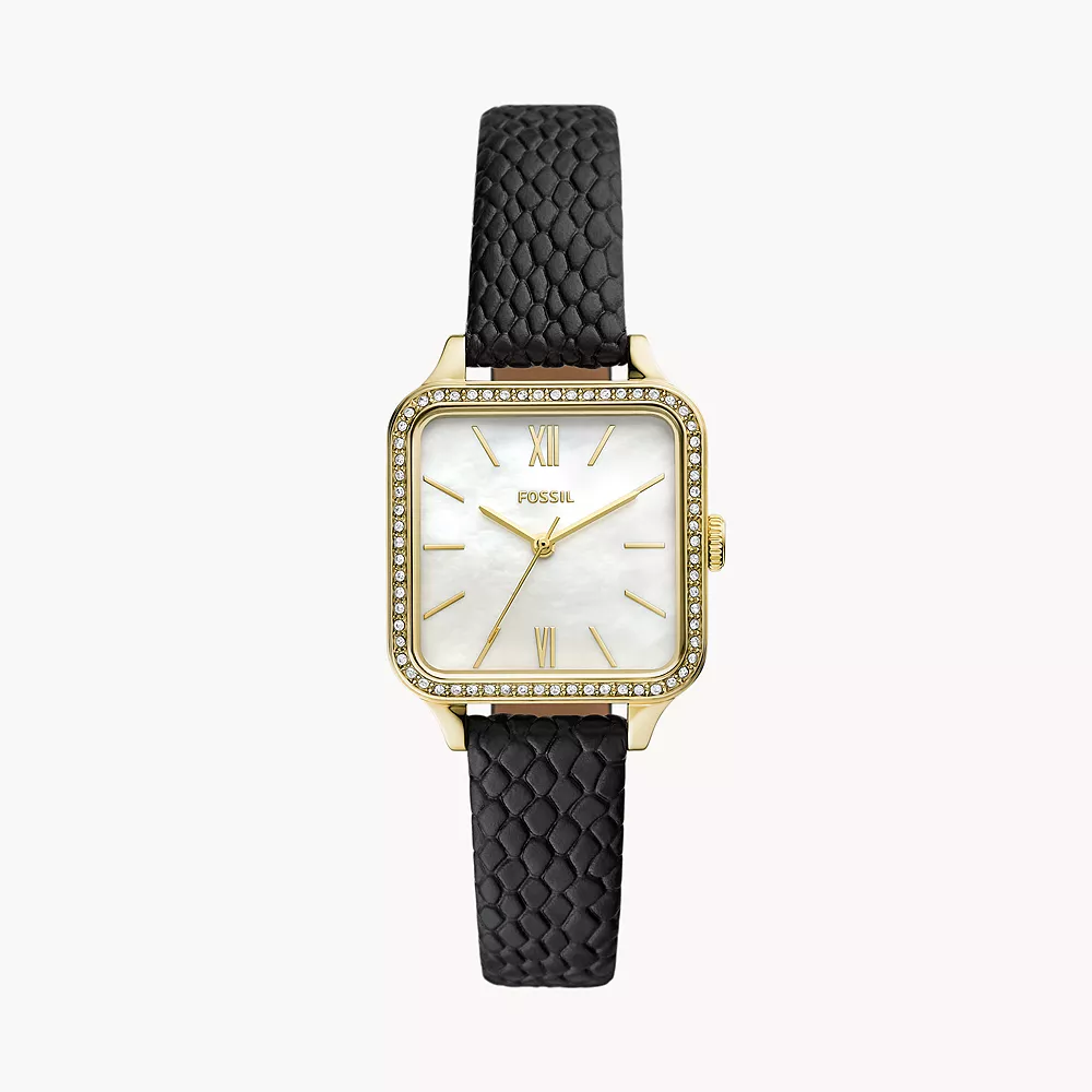 FOSSIL 28mm 女錶 方形手錶 黑色真皮錶帶 珍珠母貝錶盤 腕錶 BQ3918 (現貨)▶指定Outlet商品5折起☆現貨【送禮首選★APP下單點數4倍送】