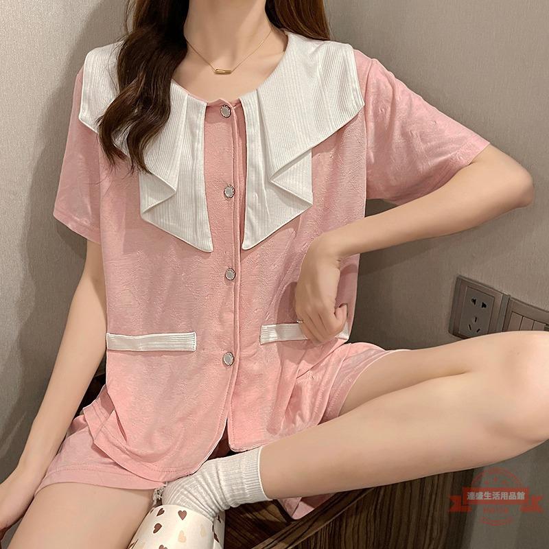 睡衣女夏季提花棉簡約純色短袖短褲時尚甜美開衫居家服套裝可外穿