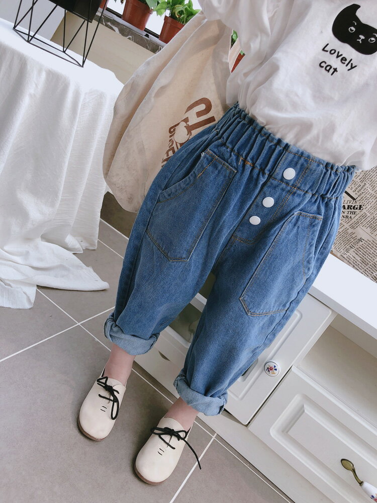 兒童春秋季新款 女童寶寶新潮百搭休閑褲 中小童氣質牛仔褲1入