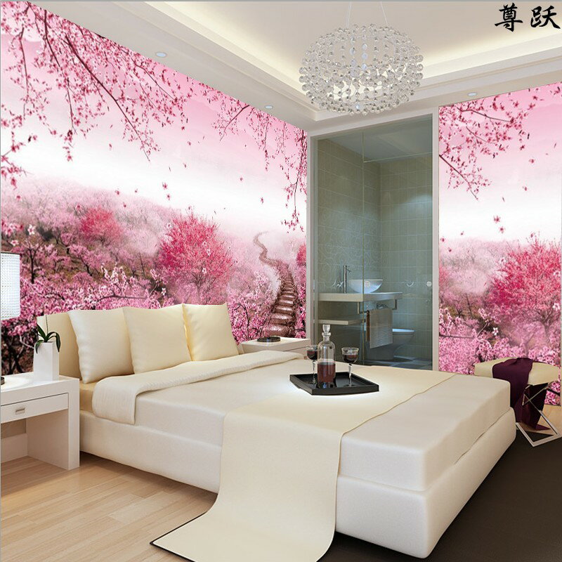 現代中式桃花桌布古風景畫裝飾客廳沙發賓館酒店臥室床頭背景墻紙