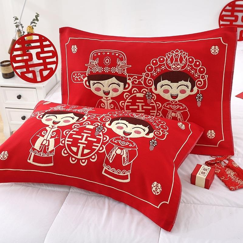 結婚枕巾純棉一對裝紅色喜慶高檔歐式新婚款陪嫁婚慶用喜字枕頭巾