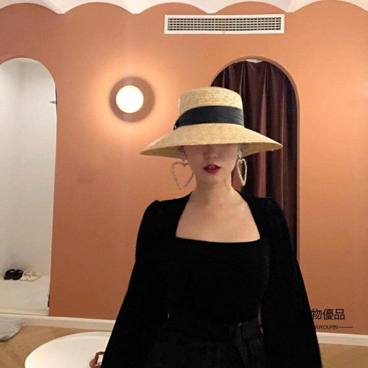 草帽女夏大帽檐英倫遮陽渡假出游海邊沙灘太陽帽優雅禮帽【聚物優品】