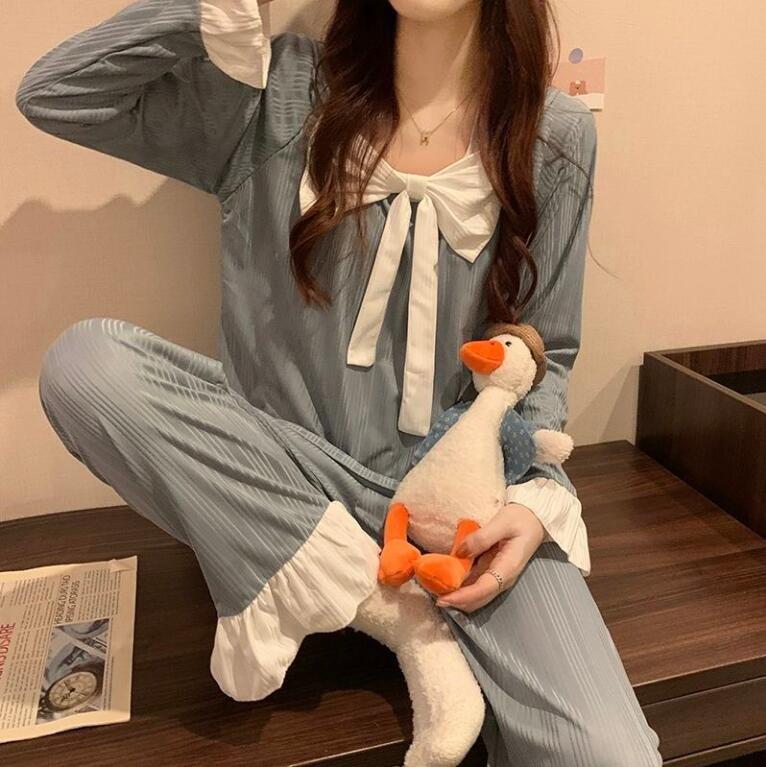 居家服套頭睡衣女爆款蝴蝶結兩件套簡約寬松學生宿舍可外穿【步行者戶外生活館】