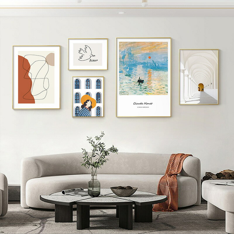 北歐風格沙發背景墻掛畫莫奈壁畫抽象創意線條客廳組合裝飾畫