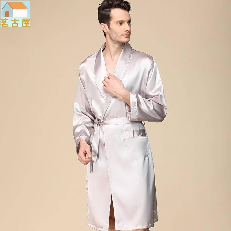 男士單件絲綢睡袍春季薄款仿真絲長袖睡衣 加大尺碼外貿浴袍88008