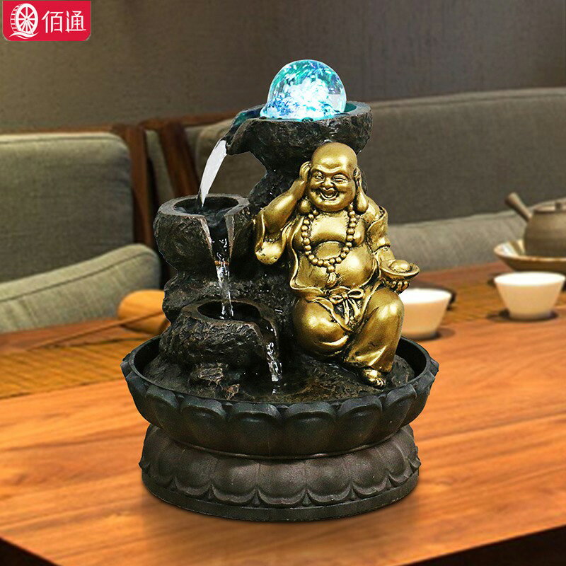 新中式彌勒佛流水噴泉招財桌面擺件居家客廳電視柜茶室禮佛裝飾品