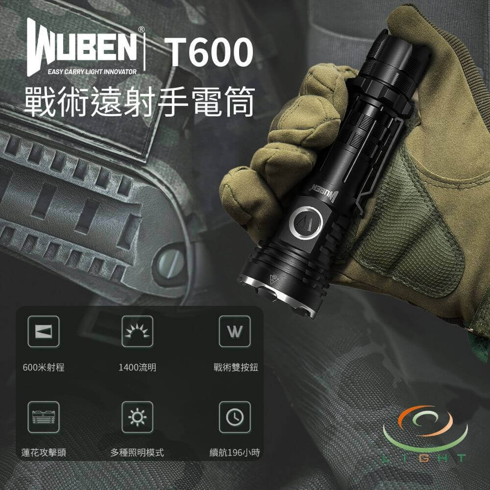 【錸特光電】WUBEN T600 1400流明 600米 戰術遠射手電筒 高亮 攻擊頭 戰術雙按鈕 附三色濾鏡片 巡邏