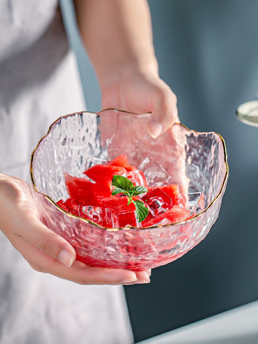 玻璃碗沙拉碗日式金邊碗碟家用餐具個性飯碗水果盤子甜品碗高顏值