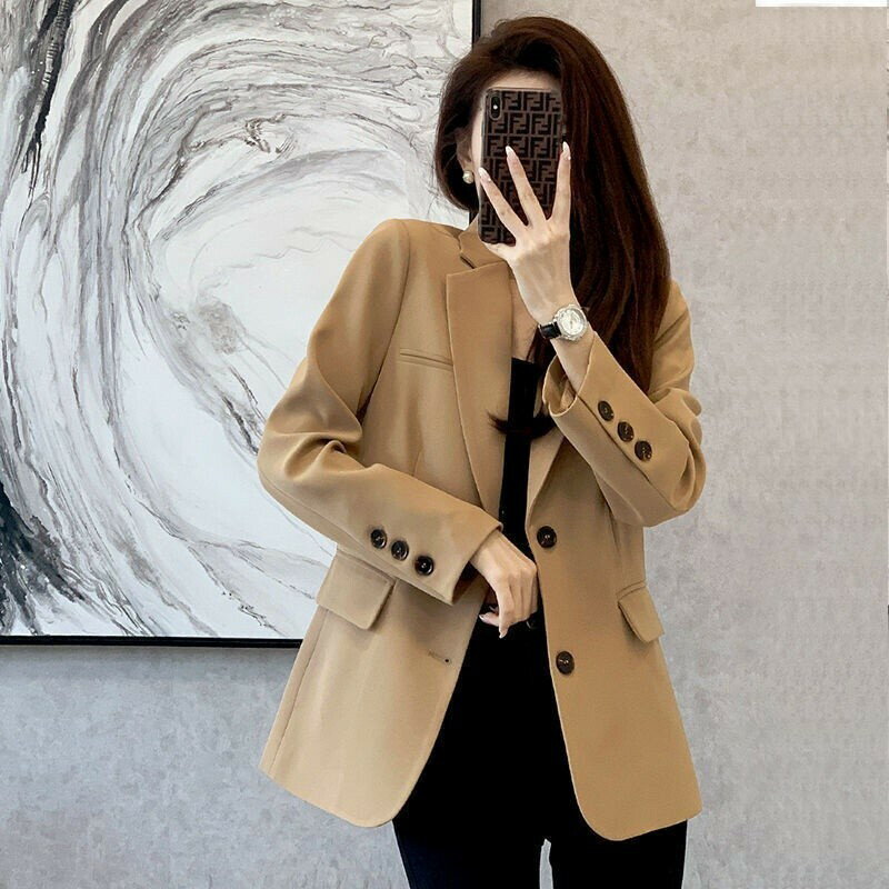 春秋新款卡其色高階小西裝外套 女 修身顯瘦小西服女 西裝外套 職業西裝女 挺版西裝 西裝上衣女 長袖西裝 西裝有裡布口袋