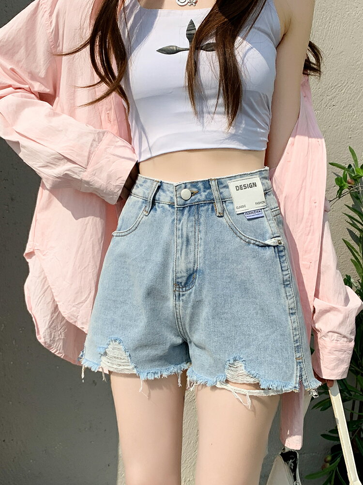 牛仔短褲 女夏季高腰淺藍色破洞褲 闊腿a字辣妹超熱褲【不二雜貨】