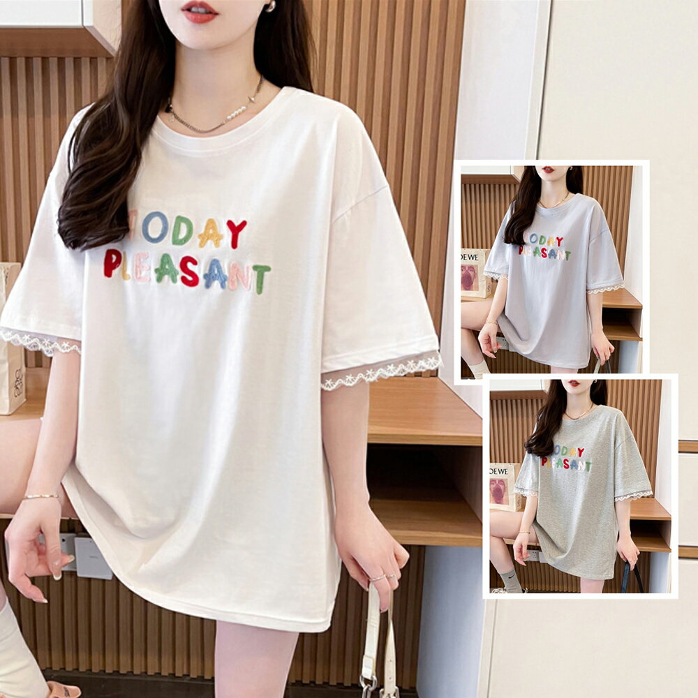 ＊ORead＊韓版彩色字母刺繡蕾絲拼接T恤上衣(3色M~2XL)【限定加碼✿全館滿額再折】