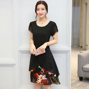 FINDSENSE G5 韓國時尚 雪紡 連身裙 修身 顯瘦 短袖 印花 燕尾裙
