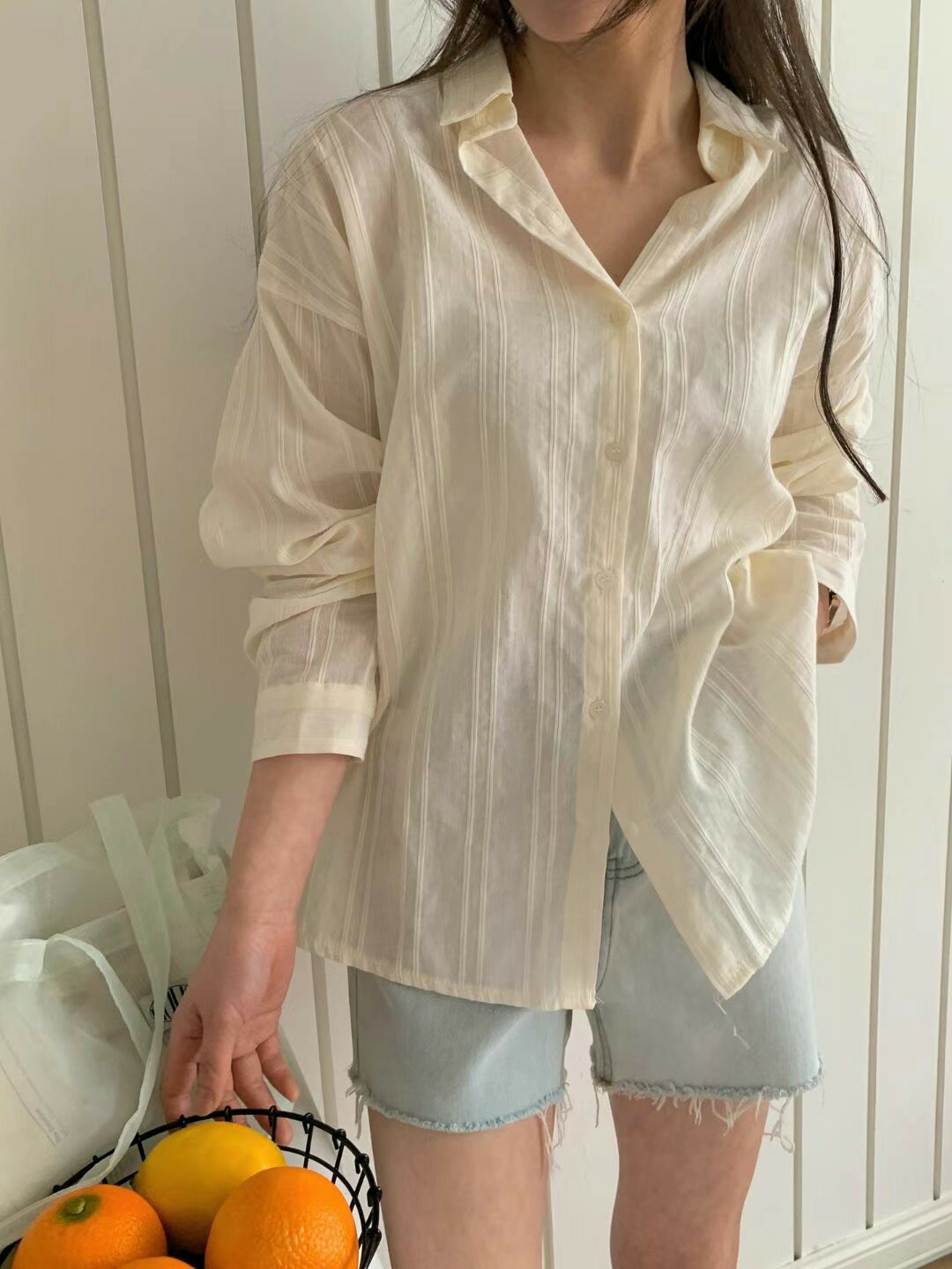 韓國東大門正品 春夏純棉 性感透視 寬鬆顯瘦 長版長袖條紋襯衫 防曬外套