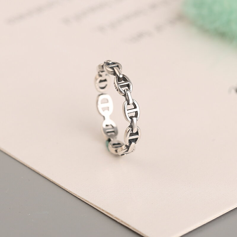 傾色925純銀ins風復古小眾品牌豬鼻開口戒指女潮波浪開口簡約氣質 2