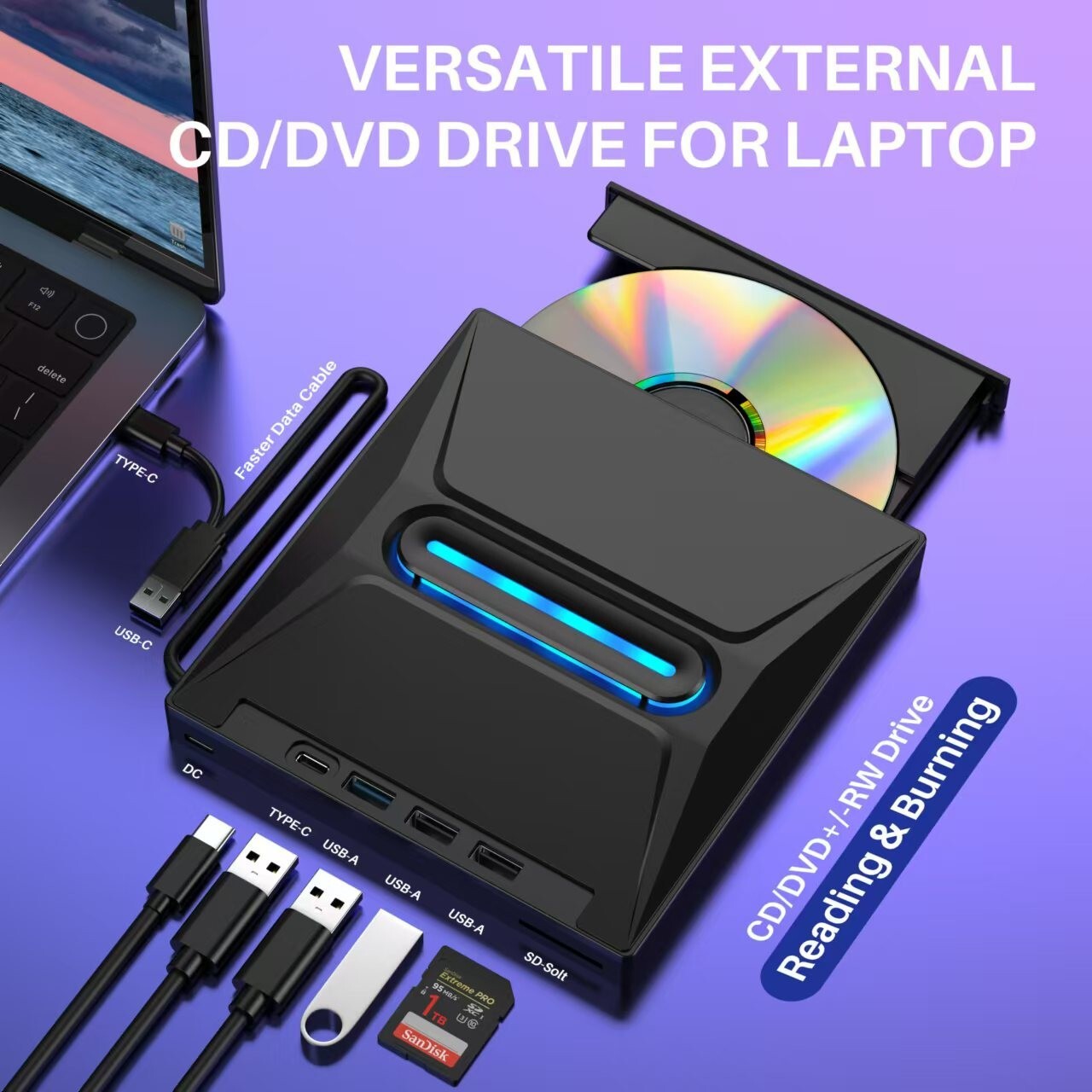 跨境批發USB/Type-c移動DVD刻錄機 SD/TF卡七合一多功能外接光碟機【北歐家居生活】