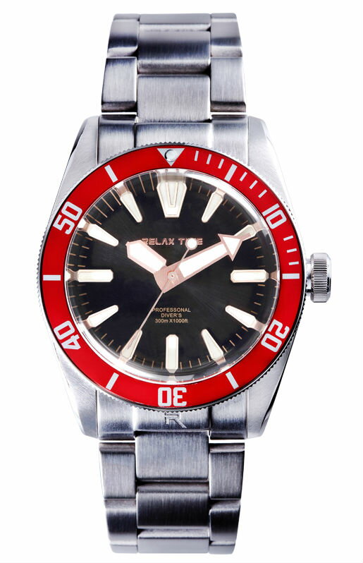 RELAX TIME 海神系列 300米潛水機械腕錶 (RT-77-3-1) 銀x紅