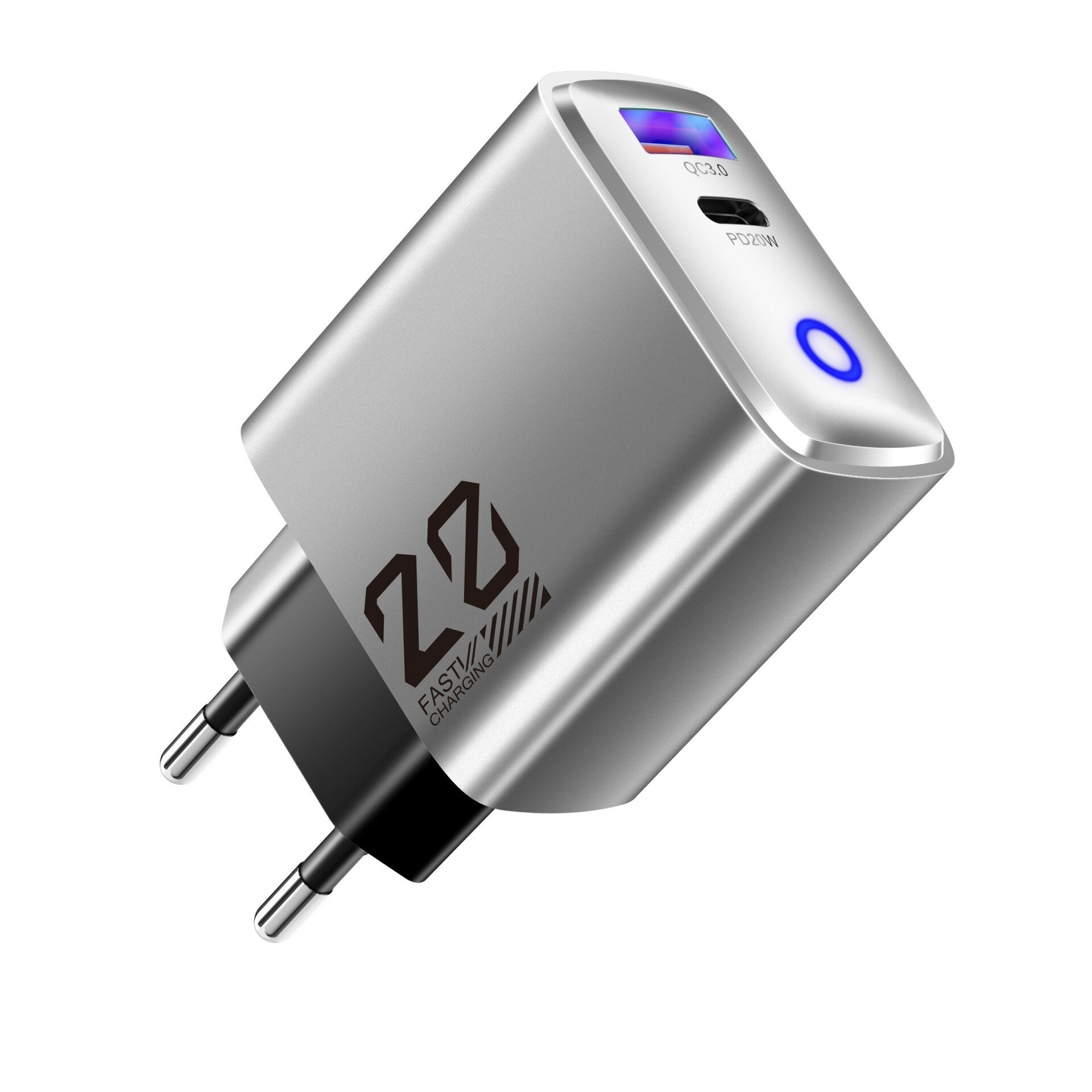 新品 金屬漆20WTYPE-C充電器歐規帶燈迷你充電頭USB+PD快充充電頭【Snowbelle優選】