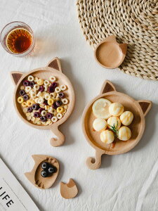 日式可愛實木餐盤 創意櫸木寶寶飯盤餐盤子貓咪造型家用