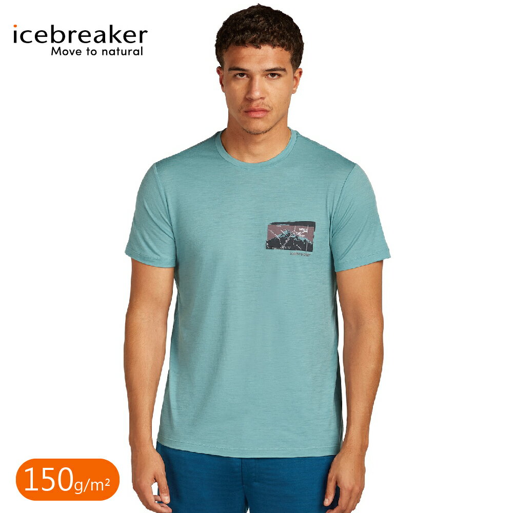 【Icebreaker 男 Tech Lite 圓領短袖上衣 (路徑探索)150《水藍》】0A57BX/排汗衣/短T/羊毛衫