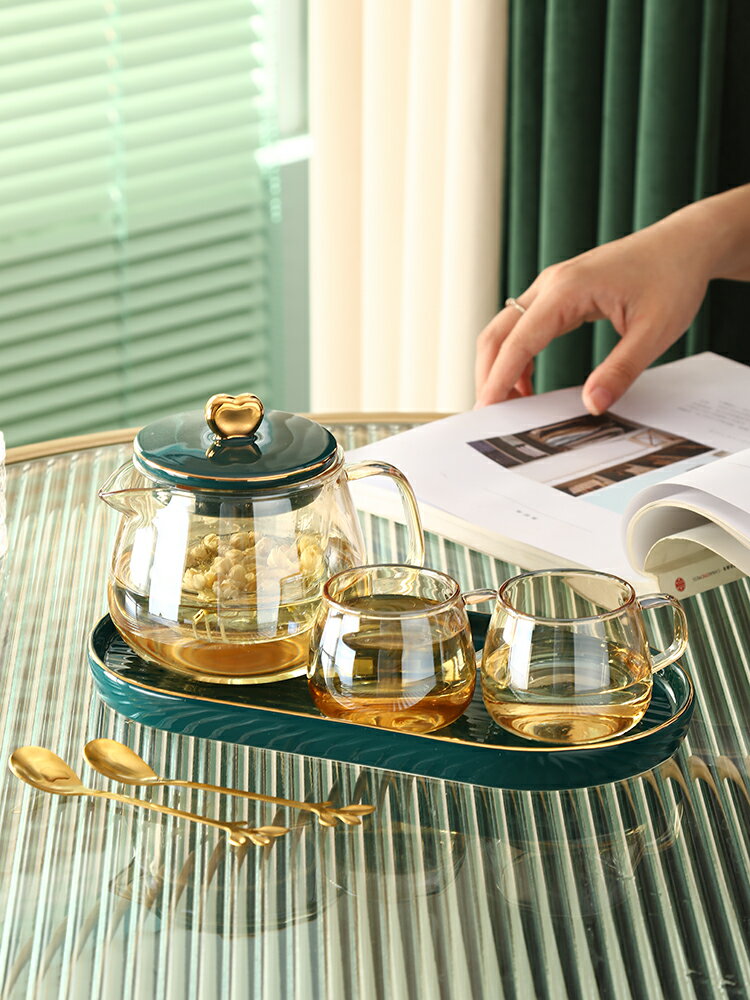 輕奢水果花茶杯子茶壺套裝家用玻璃茶杯泡茶壺下午茶茶具北歐風格
