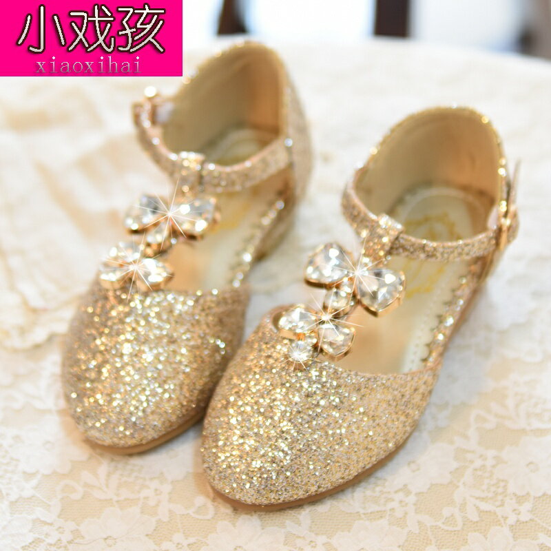 兒童公主鞋新款韓版時尚軟底金色舞臺走秀水晶學生鞋女童單.