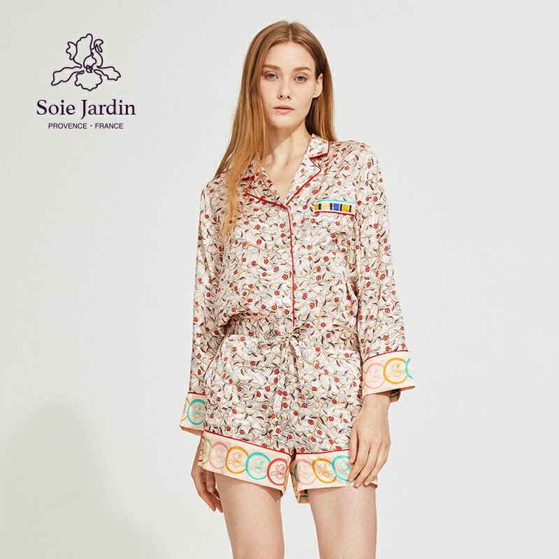 soie jardin3#藤蔓玫瑰真絲印花女三件套桑蠶絲綢家居服睡衣套裝