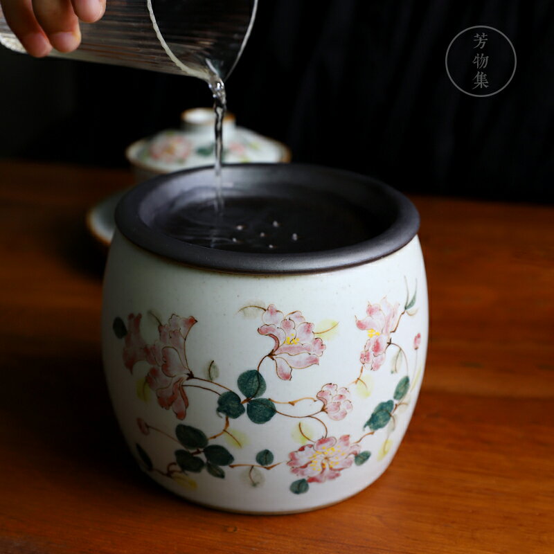 景德鎮手工陶瓷茶洗帶蓋復古建水缽型過濾茶渣桶水孟中式水洗零配