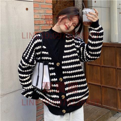 條紋V領小香風針織開衫外搭別致慵懶加厚氣質毛衣女時尚百搭春裝新款【聚寶屋】