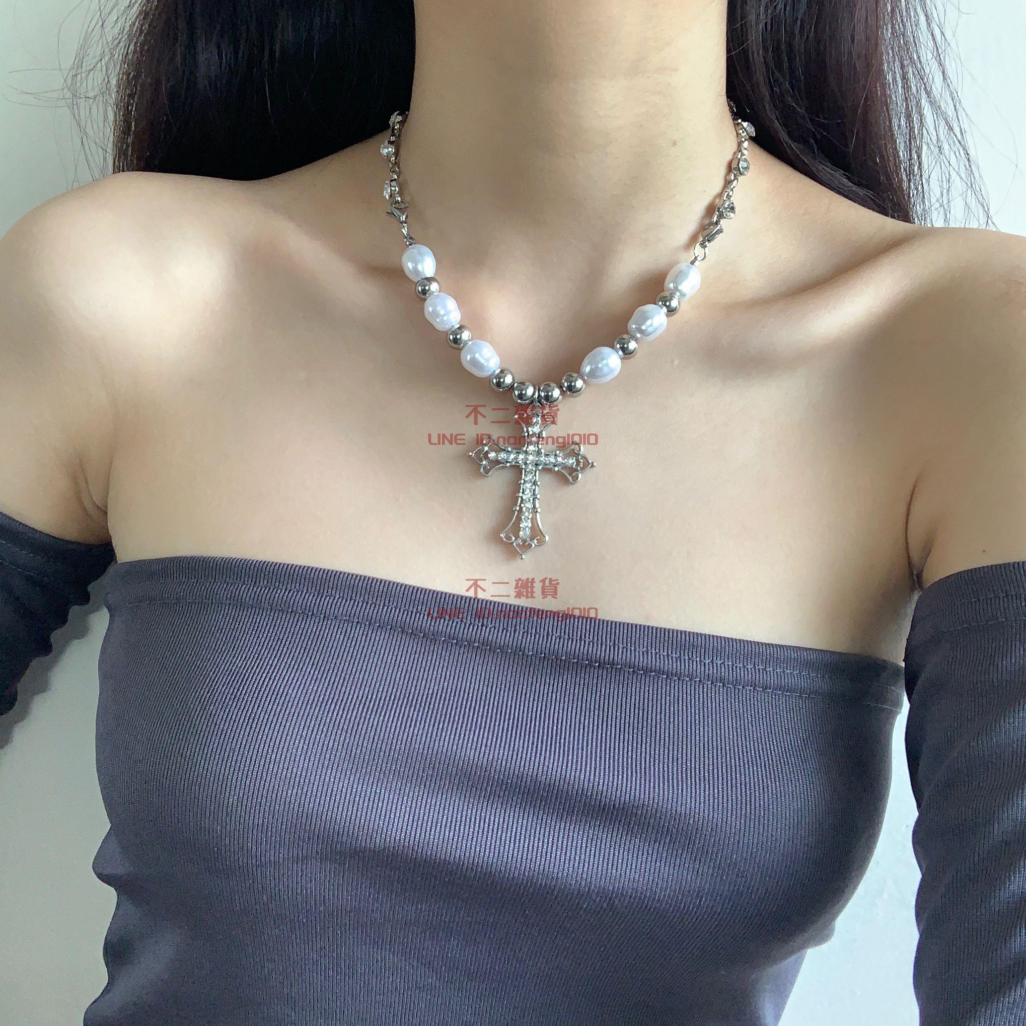 珍珠滿鉆十字架項鏈 女嘻哈小眾設計復古簡約配飾【不二雜貨】