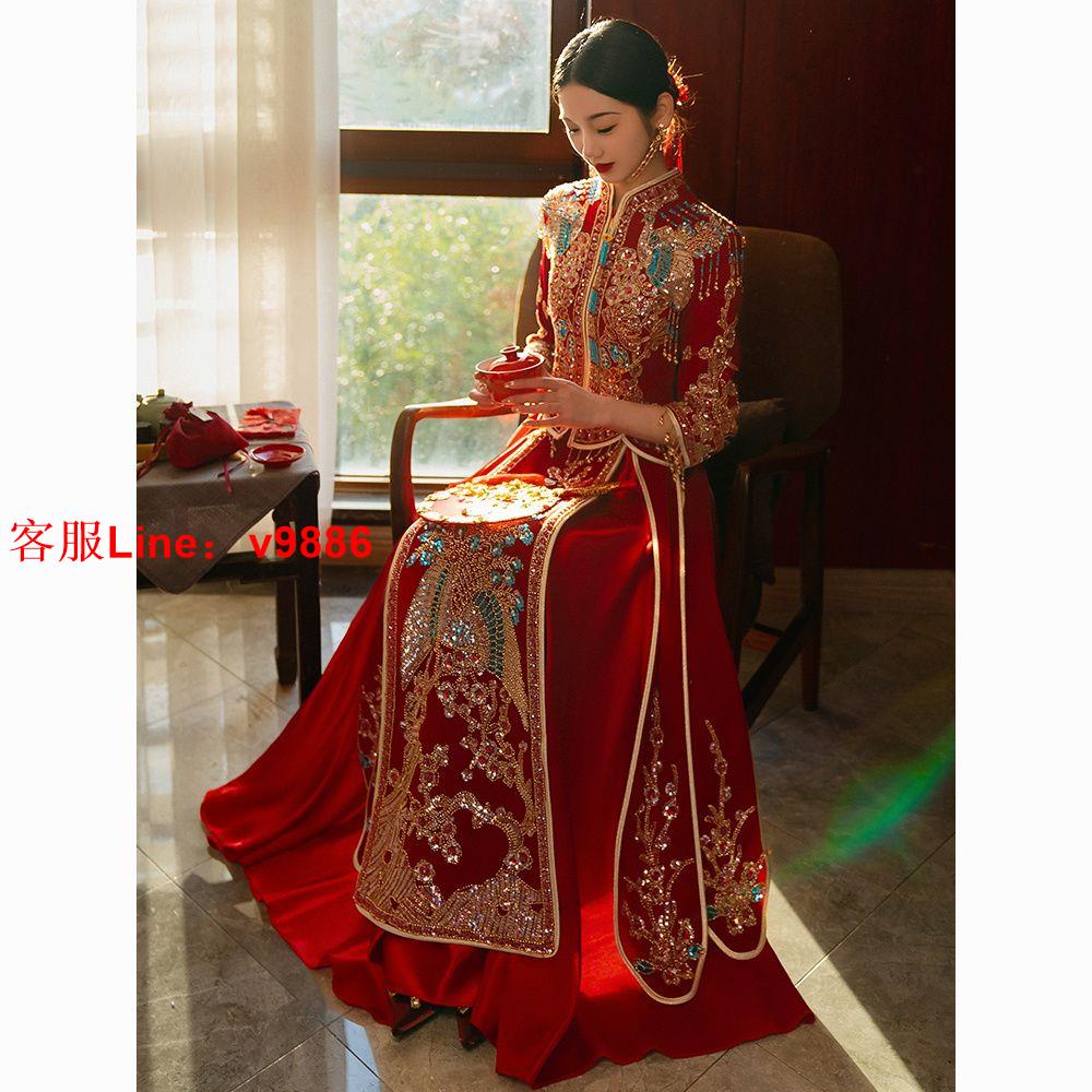 【最低價】【公司貨】高檔重工秀禾服新娘2023新款敬酒服結婚禮服中式嫁衣高階感龍鳳褂