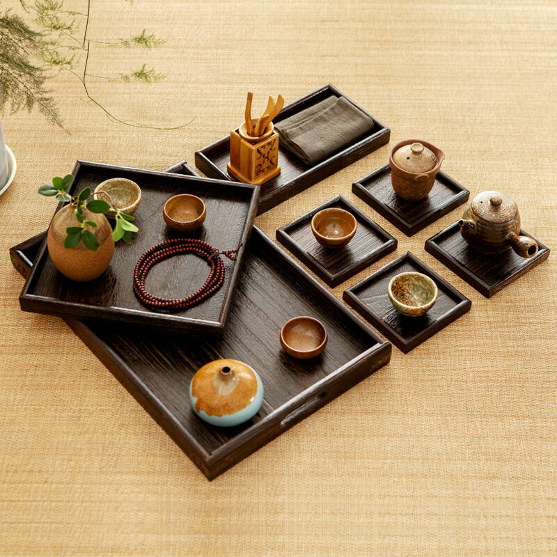 日式家具 日式托盤實木茶盤 小水果盤零食盤七件套裝盤 出口木質長方形餐盤日本 全館免運
